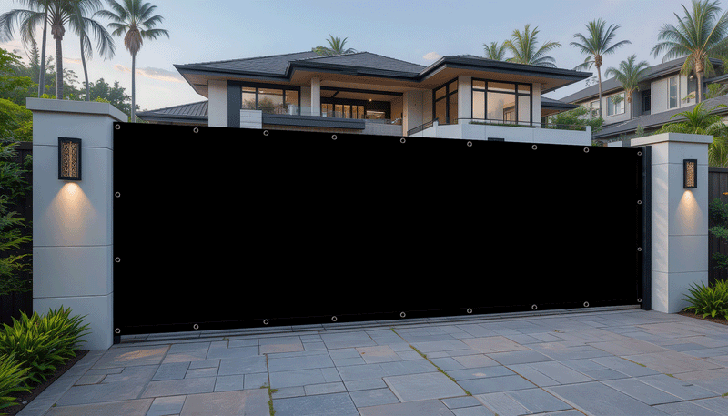 Black in color privacy screen used on a gate in front of a house