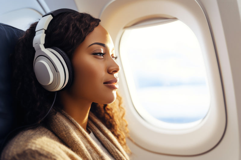 Female on an airplane with headphones enjoying her flight