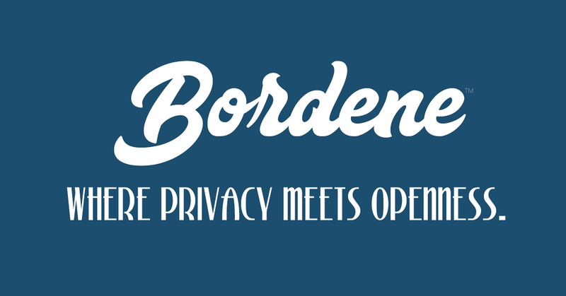 White Bordene logo stating where privacy meets openness with blue background