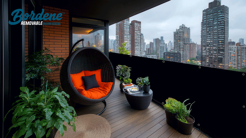 Apartment balcony in the city using a privacy screen cover