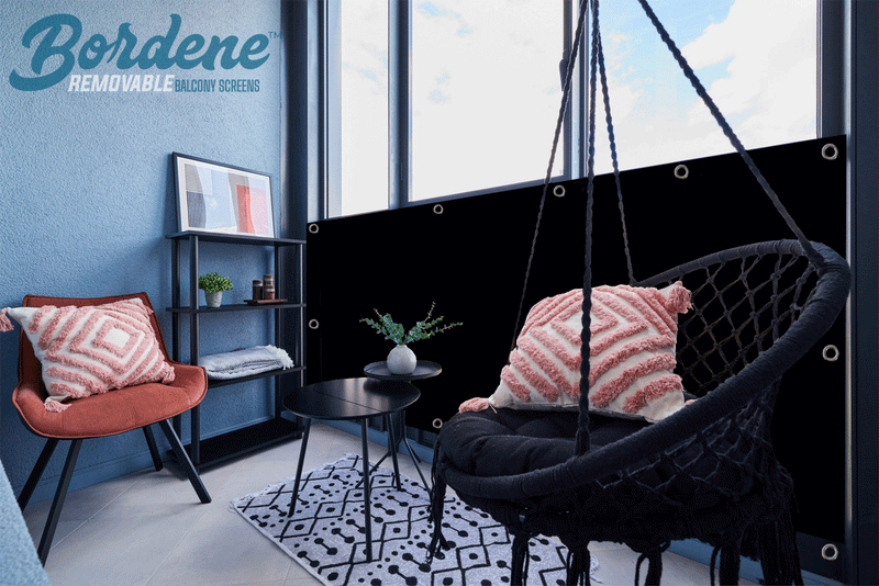 Furnished apartment room using a balcony privacy screen