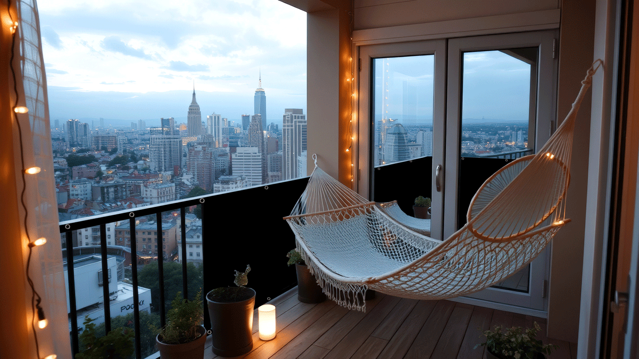 Apartment balcony with a hammock using a privacy screen
