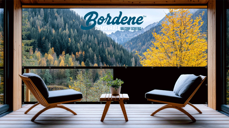 Apartment balcony with two chairs using a balcony privacy screen