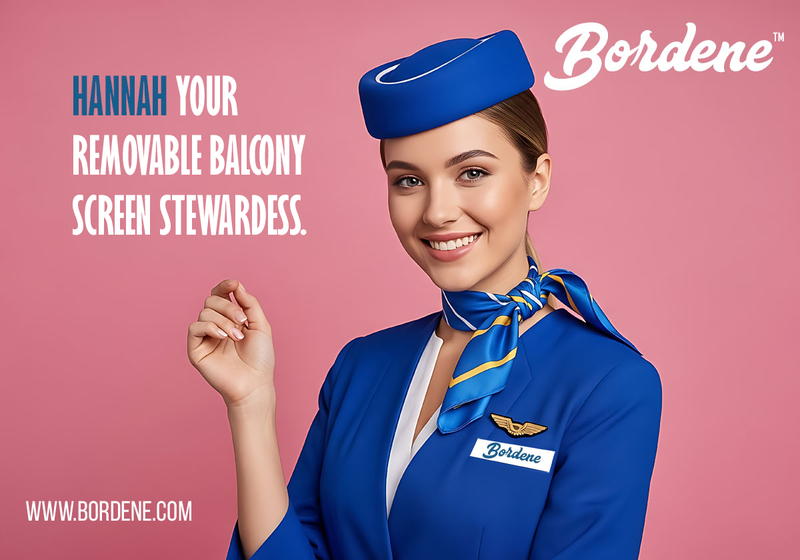 Female stewardess wearing blue smiling