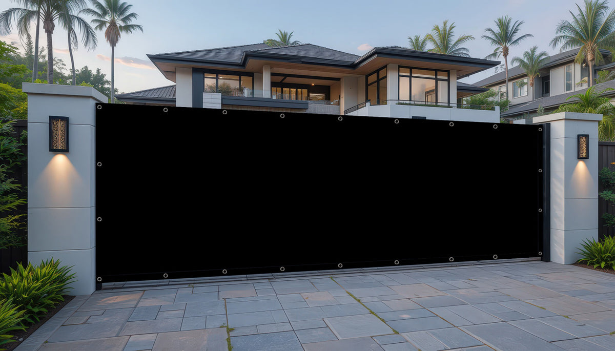 Black in color privacy screen used on a gate in front of a house