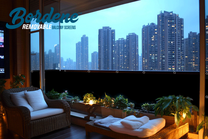 Apartment balcony in the city using a privacy screen